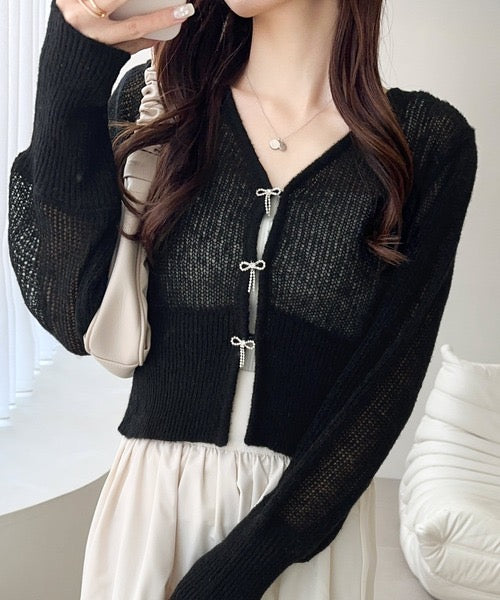 <預訂> JP 日牌Mily Bilet 鏤空編織寶石蝴蝶結紐扣針織開胸外套|四色入