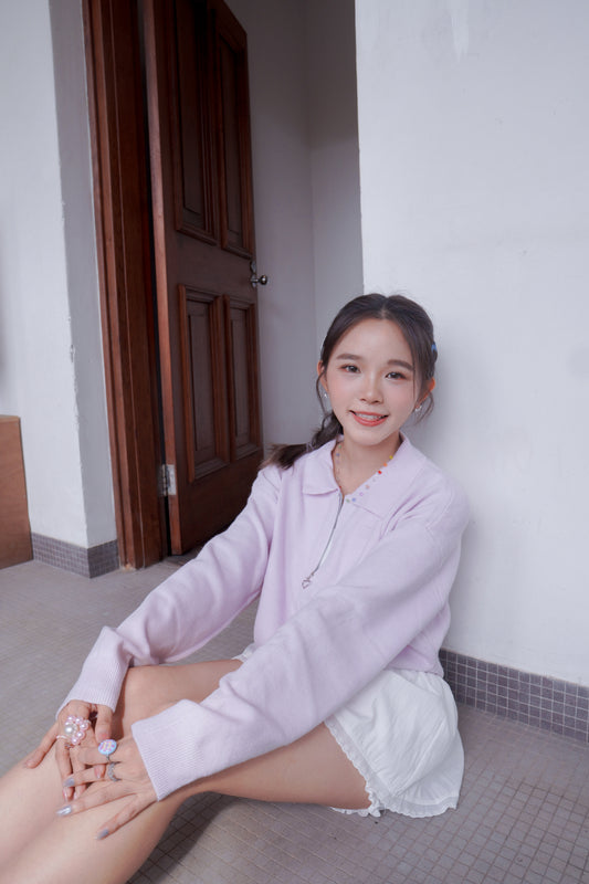 <預訂> 超可愛~馬卡龍愛心刺繡拉鍊口袋針織上衣|薰衣草紫