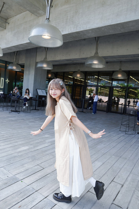 <預訂> 文青滿滿!棉麻短袖開叉綁帶連身長裙外搭|四色入