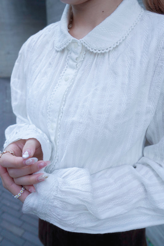 <現貨> 自家製 超百搭♡ 純棉蕾絲直紋裇衫上衣