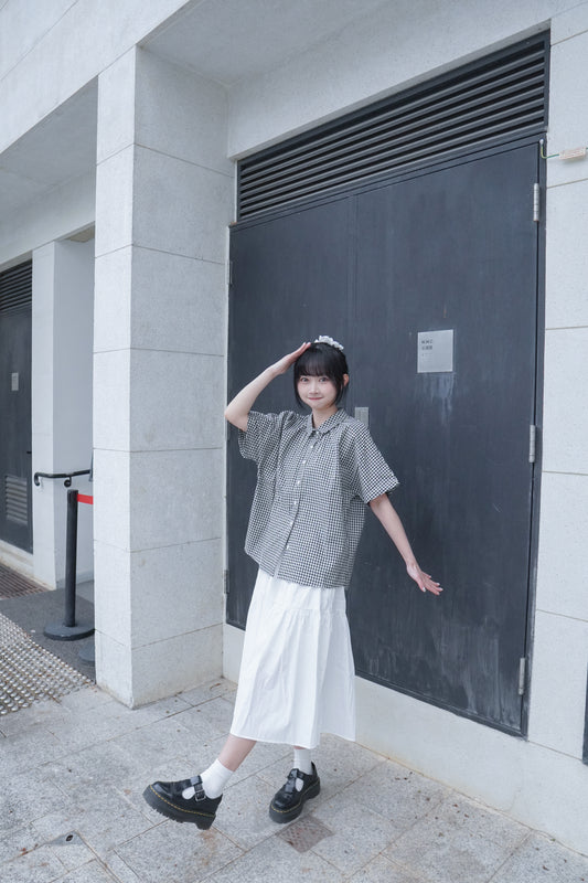 <預訂> 自家製 棉麻格紋短袖恤衫