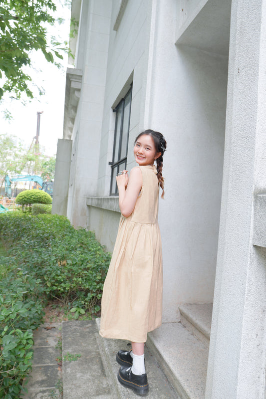 <預訂> 垂吊感棉麻皺褶背心後綁帶連身長裙