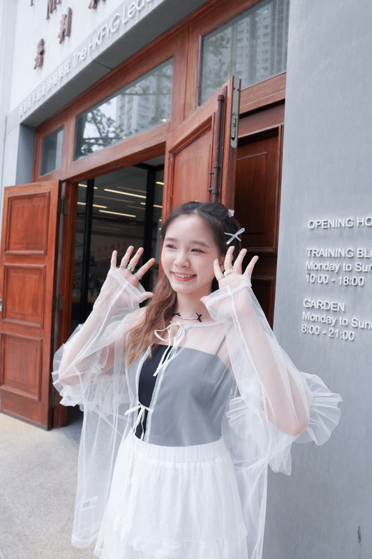 <現貨> 大人氣!2-Ways 薄紗透透 荷葉邊蝴蝶結長袖綁帶上衣|兩色入