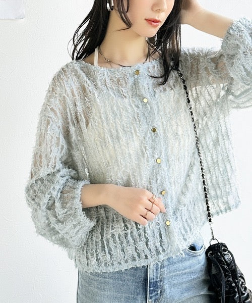 <預訂> JP 日牌Mily Bilet 前後2-Ways透明羽毛流蘇薄紗開胸外套|三色入