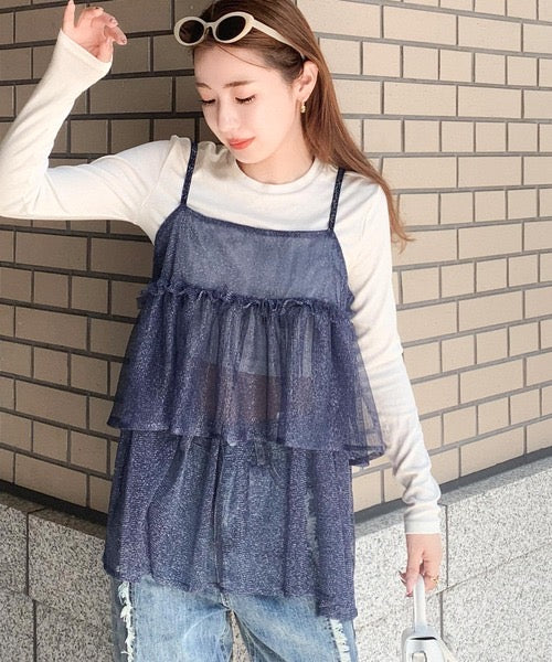 <預訂> JP 日牌Mily Bilet Blingbling薄紗層疊吊帶背心|三色入