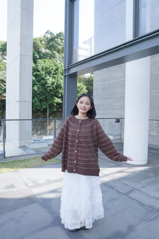 <預訂> 自家製 圓領條紋開胸針織外套