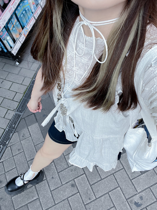 <預訂> 疊穿神器 前雙綁帶格紋荷葉邊外搭背心|兩色入