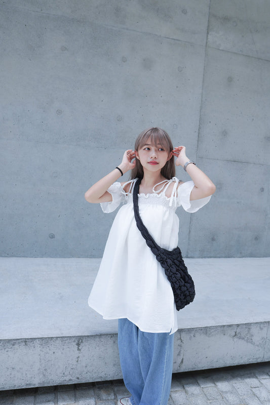 <預訂>皺褶小露肩夏日綁帶連身短裙(含打底)|三色入