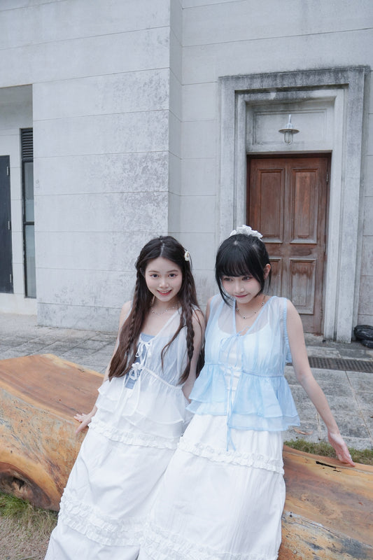 <預訂> 小眾大推! 雙層薄紗綁帶外搭背心|兩色入