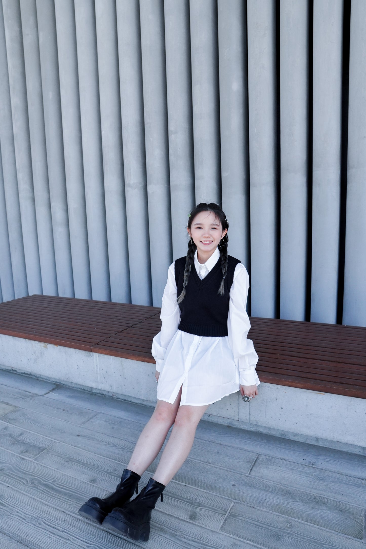 <預訂> 超抵著!針織馬甲 + 中長款寬鬆恤衫兩件套套裝|兩色入