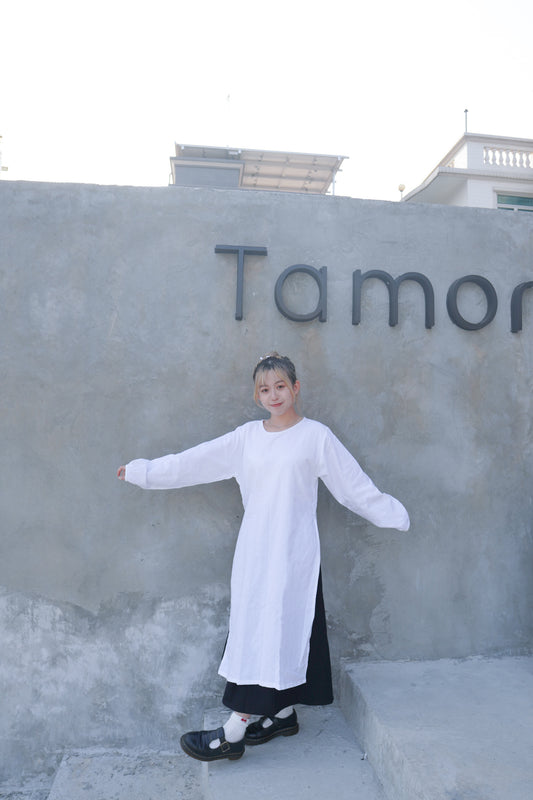 <預訂> 小眾之選!棉麻泡泡長袖開叉綁帶連身長裙外搭|兩色入