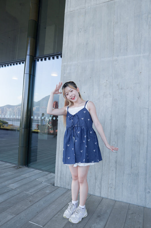 <預訂> 蝴蝶結中長款牛仔吊帶背心|兩色入