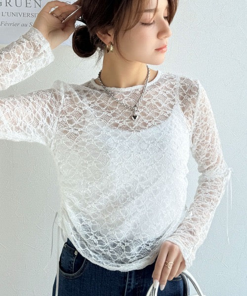 <預訂> JP 日牌Mily Bilet 透明提花全蕾絲側緞帶長袖上衣|四色入