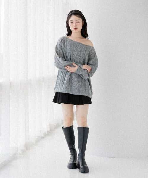 <預訂> 高質日牌Heather限時降價!露肩薄款麻花針織上衣|兩色入