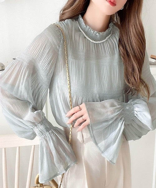 <預訂> JP 日牌CE 褶皺透明長袖襯衫|三色入