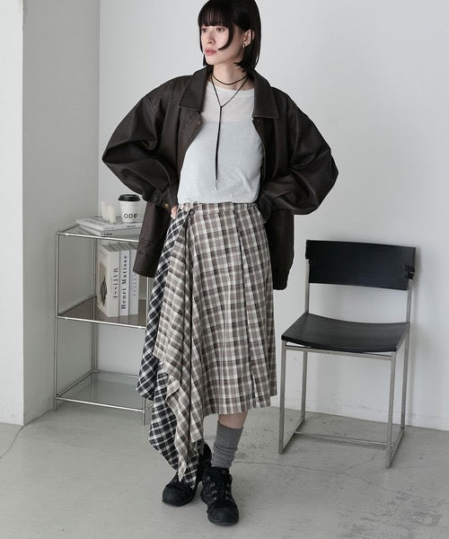 <預訂> JP 日牌FY 不對稱拼色格紋裹身半身長裙