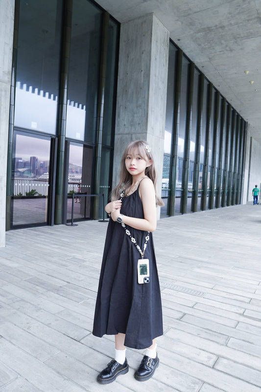 <預訂> 超顯腳長!棉麻吊帶抽繩泡泡連身傘型長裙|兩色入