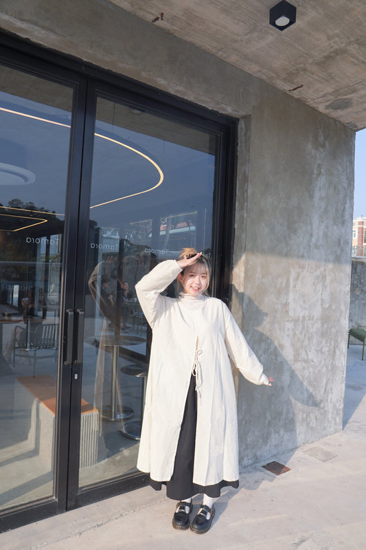 <預訂> 打卡必入!棉麻泡泡長袖綁帶連身長裙外搭|兩色入