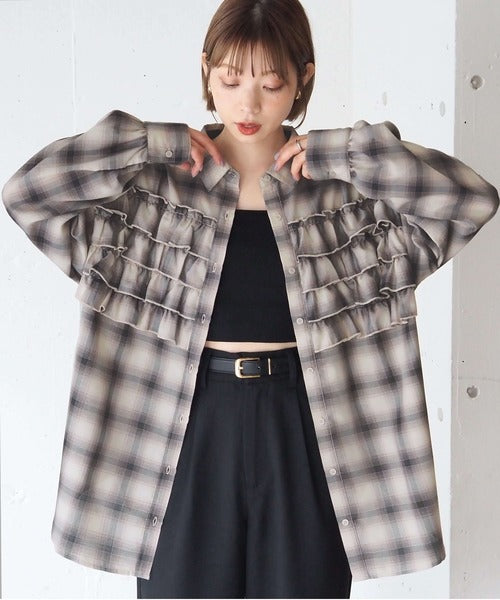 <預訂> 日牌Tiptop 漸層格紋荷葉邊襯衫|三色入