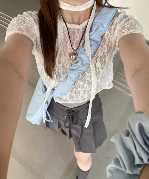 <預訂> JP 日牌NN 蝴蝶結帶+蕾絲短袖上衣|兩色入