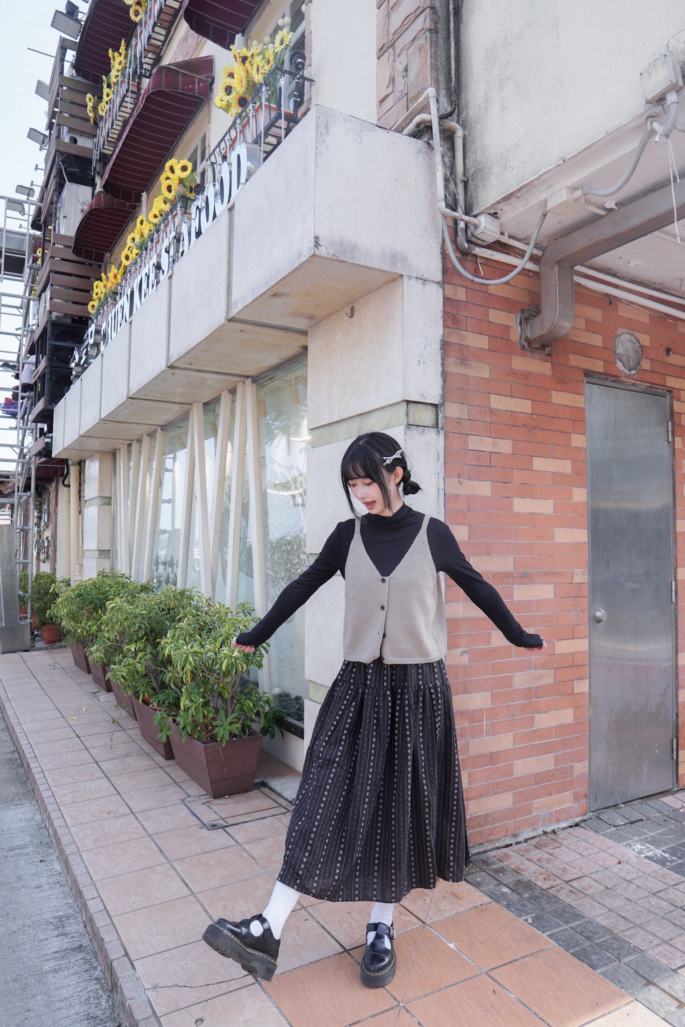 <現貨> 復古直紋碎花半身長裙