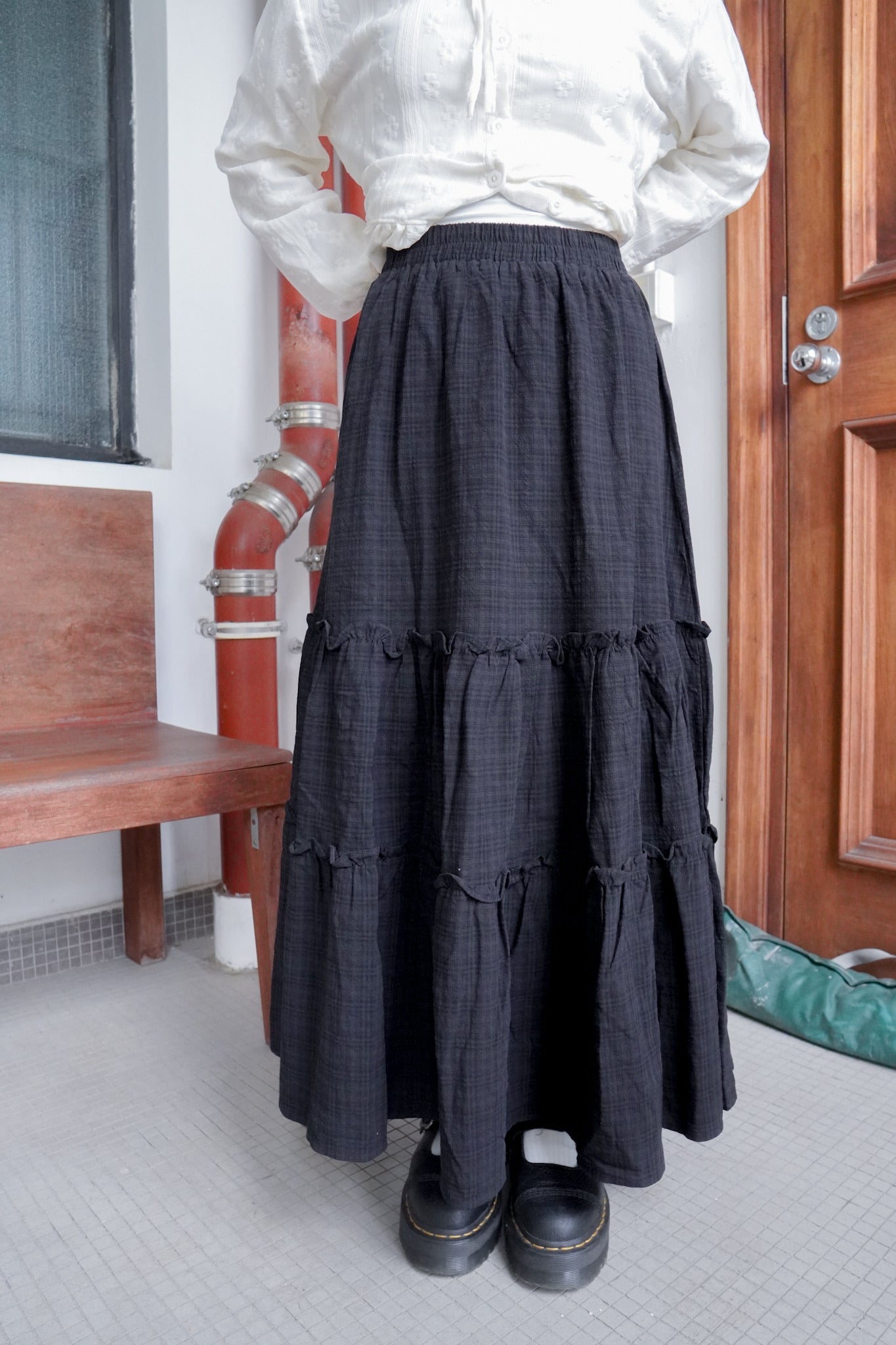 <現貨> 自家製 復古格紋ruffle邊半身長裙