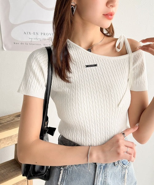 <預訂> JP 日牌Mily Bilet Logo牌肩帶直紋短袖針織上衣|五色入