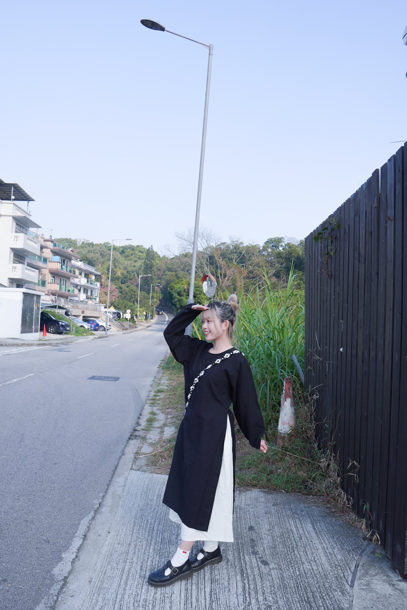 <預訂> 小眾之選!棉麻泡泡長袖開叉綁帶連身長裙外搭|兩色入