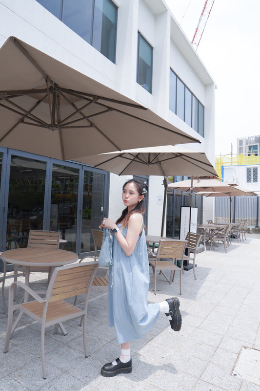 <預訂> NEW COLOR♡ 超顯腳長!棉麻吊帶抽繩泡泡連身傘型長裙|四色入