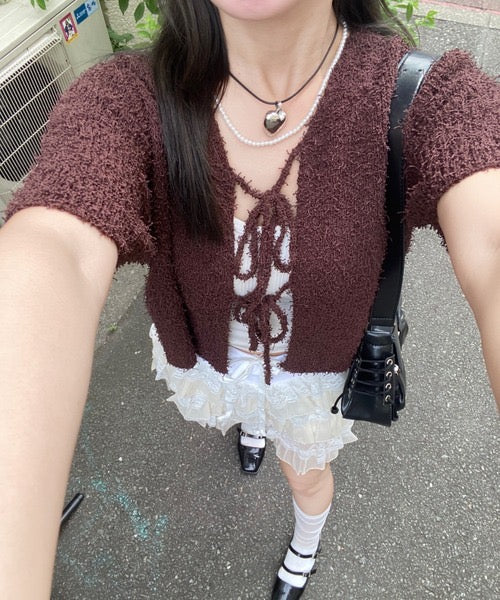 <預訂> JP 日牌NN 前蝴蝶結針織短袖外套|兩色入