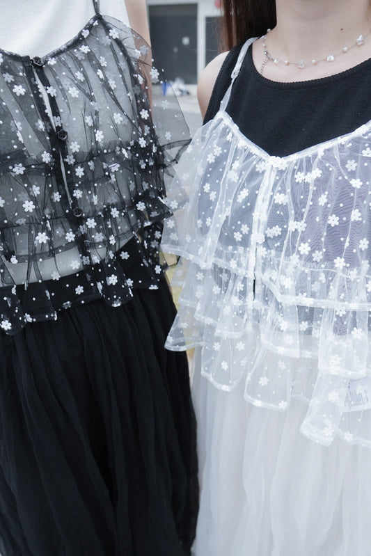 <預訂> 小眾大推! Bling Bling花花多層荷葉薄紗外搭吊帶背心|兩色入