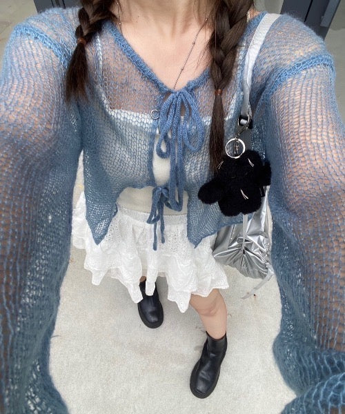 <預訂> JP 日牌NN 前後2-Ways拼色透明蝴蝶結針織薄外套|四色入