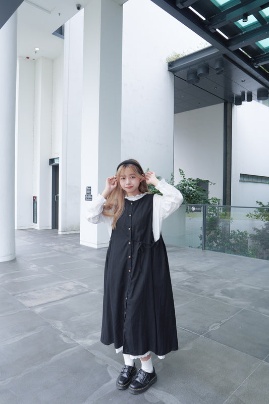 <現貨> 自家造貨!棉麻側綁帶背心鈕扣連身長Ops|三色入