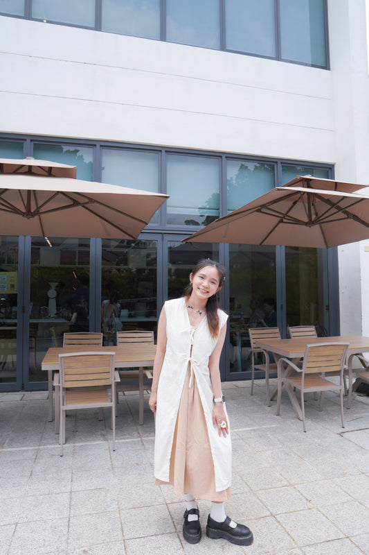<預訂> 2024夏新款!棉麻背心綁帶開叉連身長裙外搭|兩色入