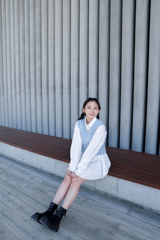 <預訂> 超抵著!針織馬甲 + 中長款寬鬆恤衫兩件套套裝|兩色入