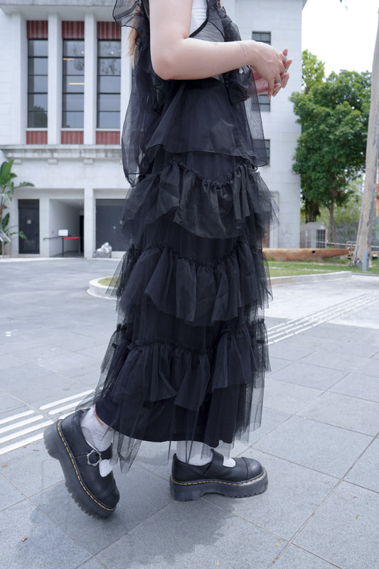 <預訂> 特別款!薄紗荷葉邊疊層蛋糕長裙 | 兩色入