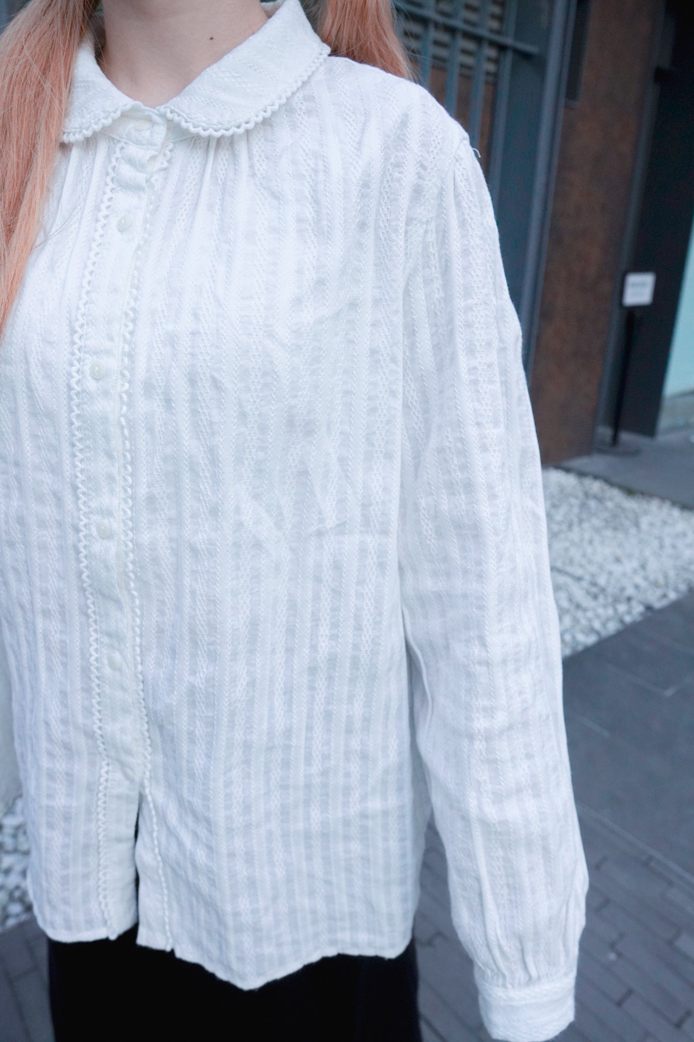 <現貨> 自家製 超百搭♡ 純棉蕾絲直紋裇衫上衣