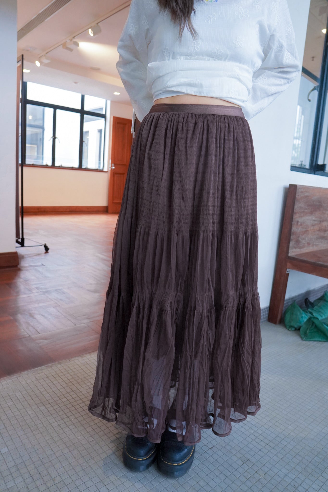 <現貨> 自家製 飄逸感大讚!復古兩層紗質皺褶秋冬A字長裙