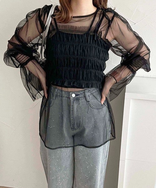 <預訂> JP 日牌AJ 皺褶背心+分層薄紗上衣兩件套|三色入