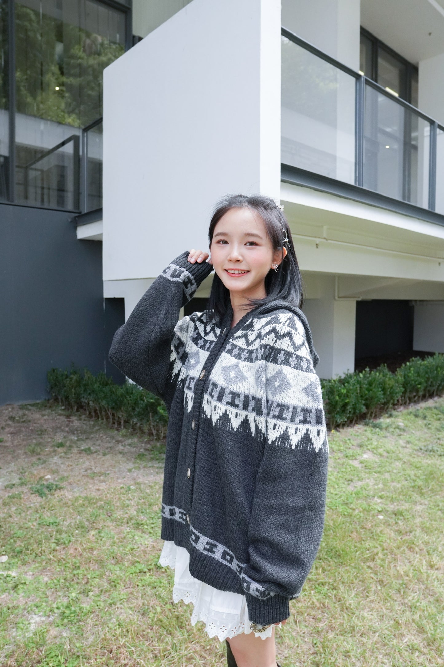 <預訂> 自家製 氛圍感費爾島連帽開胸外套