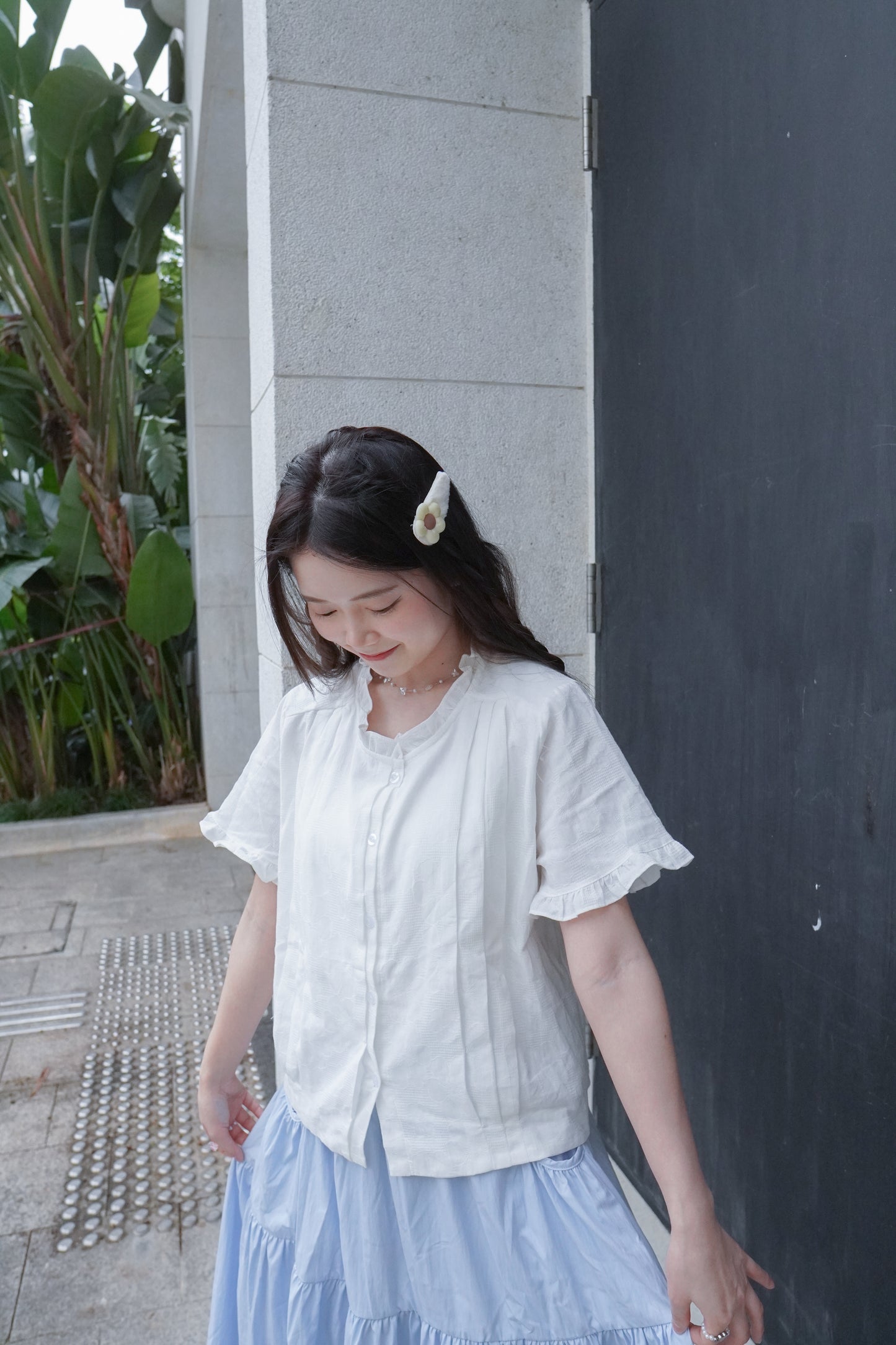 <預訂> 自家製 荷葉領短袖小白恤衫