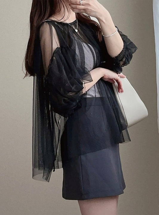 <預訂> 薄紗2-way雙蝴蝶結開胸上衣|三色入