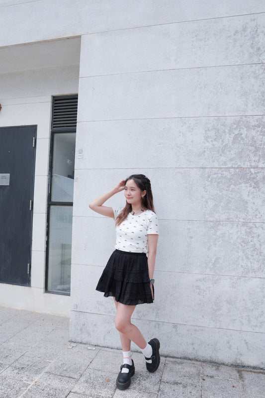 <預訂> 自家製 蝴蝶結印花短袖Crop Top|兩色入