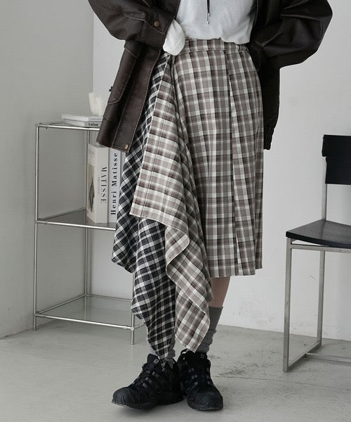 <預訂> JP 日牌FY 不對稱拼色格紋裹身半身長裙
