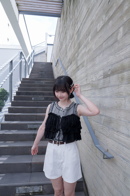 <預訂> 四季必須有! 蕾絲蝴蝶結荷葉邊吊帶外搭背心|兩色入