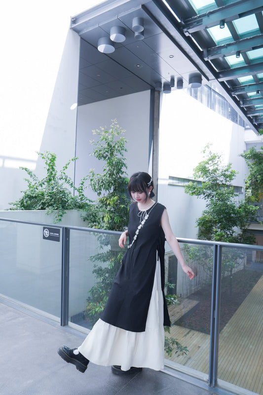 <預訂> 2025新款!棉麻短袖開叉綁帶連身背心長裙外搭|四色入