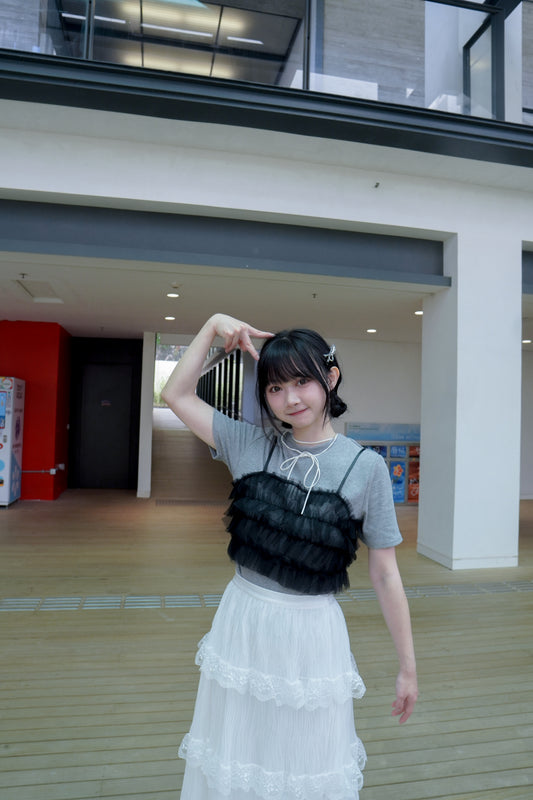 <現貨> 荷葉邊薄紗吊帶背心+針織薄短袖Tee兩件套|兩色入