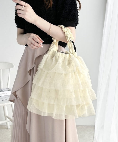 <預訂>日本大人氣!2-Ways Blingbling 薄紗荷葉邊束繩水鑽包|兩色入