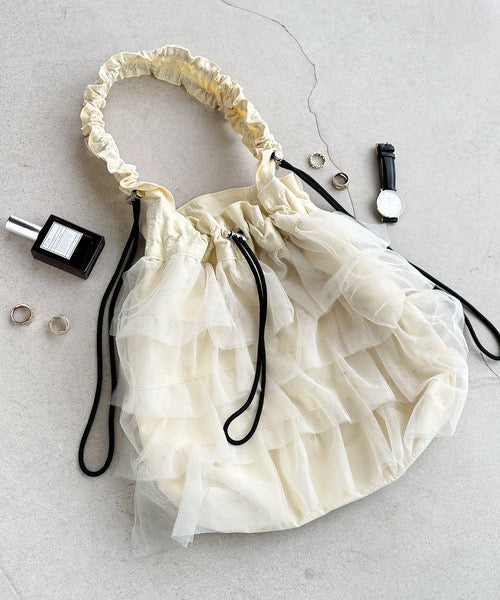 <預訂>日本大人氣!2-Ways Blingbling 薄紗荷葉邊束繩水鑽包|兩色入