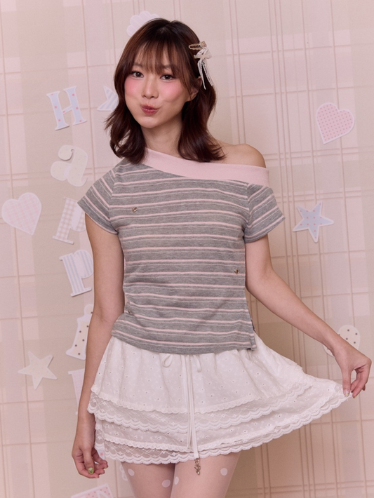 <預訂> 泰國小眾品牌🇹🇭 單肩心形條紋上衣|兩色入